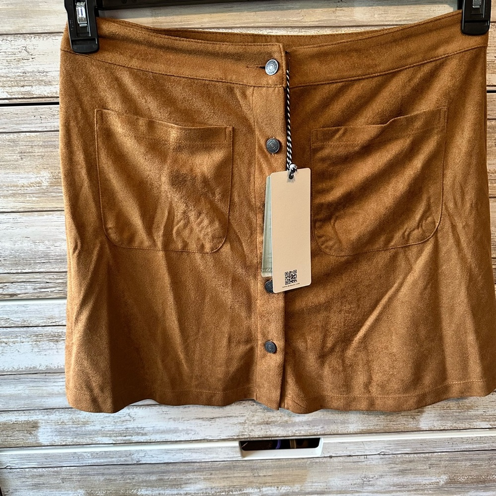 🤎 Iris Faux Suede Mini Skirt Button Front Pockets NWT L